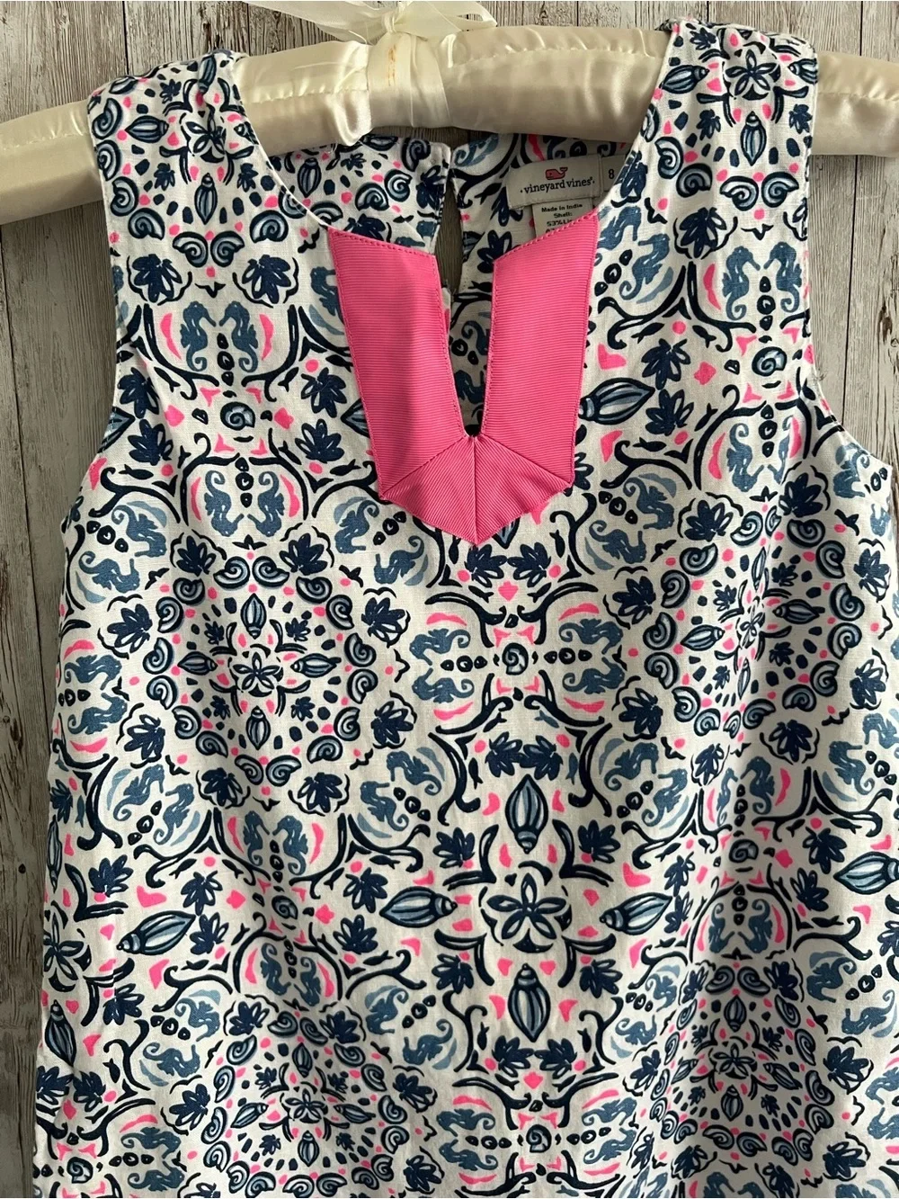 Vineyard Vines Girls White Navy and Pink Printed Nautical Seashell Linen Dress 8